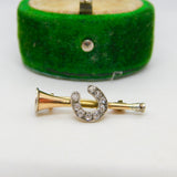 Victorian 15ct Gold & Diamond Horseshoe & Hunting Horn Brooch Antique c1840