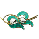 Norwegian Aksel Holmsen Sterling Silver Enamel Snowdrop Flower Brooch Antique c1940