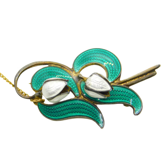 Norwegian Aksel Holmsen Sterling Silver Enamel Snowdrop Flower Brooch Antique c1940