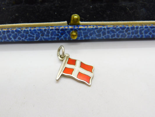 Danish Sterling Silver & Enamel Flag Charm Pendant Antique c1930 Art Deco