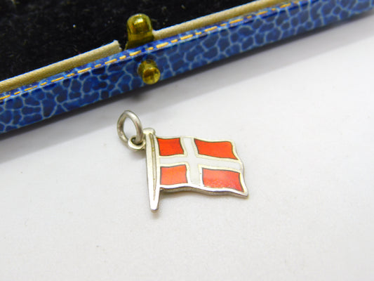 Danish Sterling Silver & Enamel Flag Charm Pendant Antique c1930 Art Deco