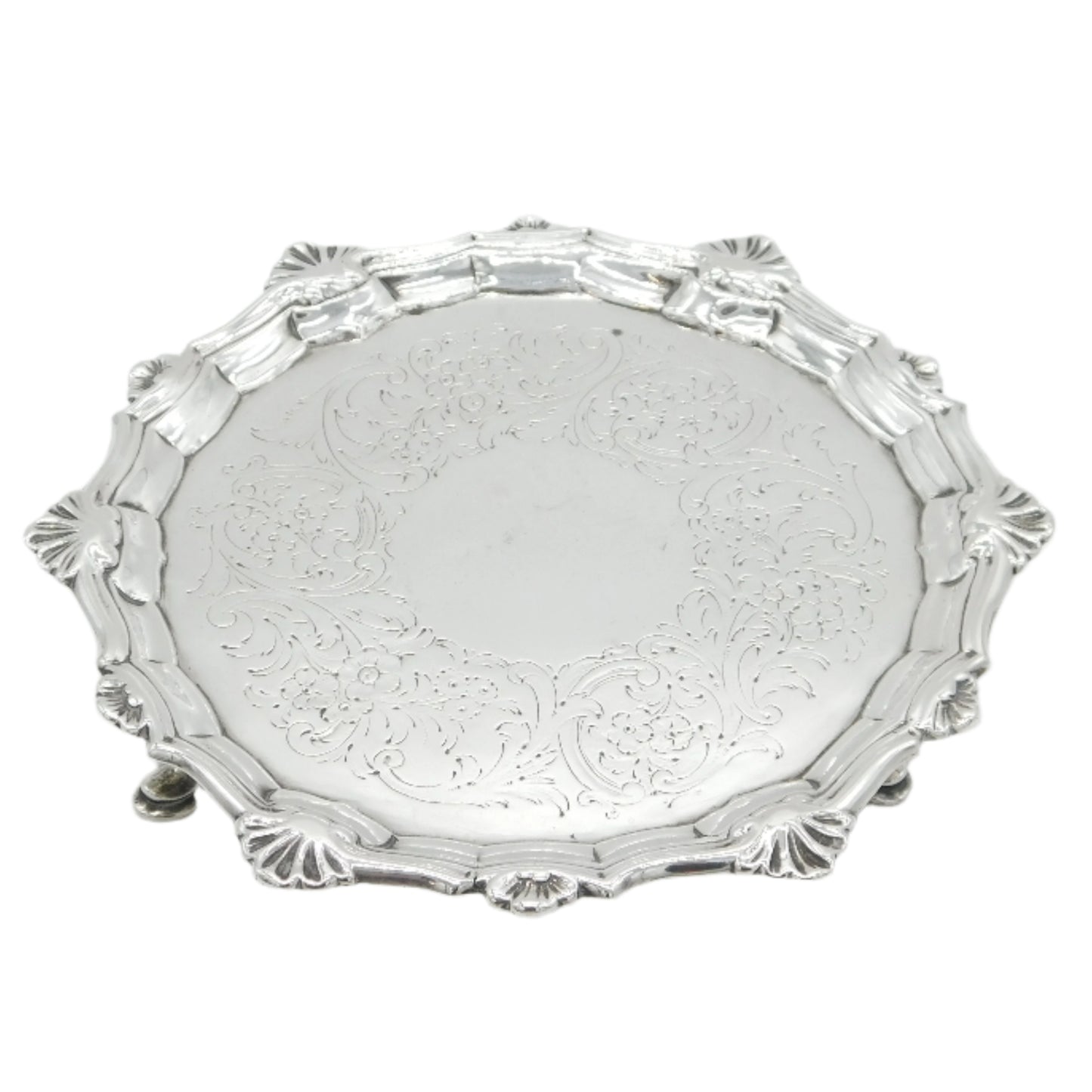 George III Sterling Silver Floral Pattern Salver Dish Antique 1764 London