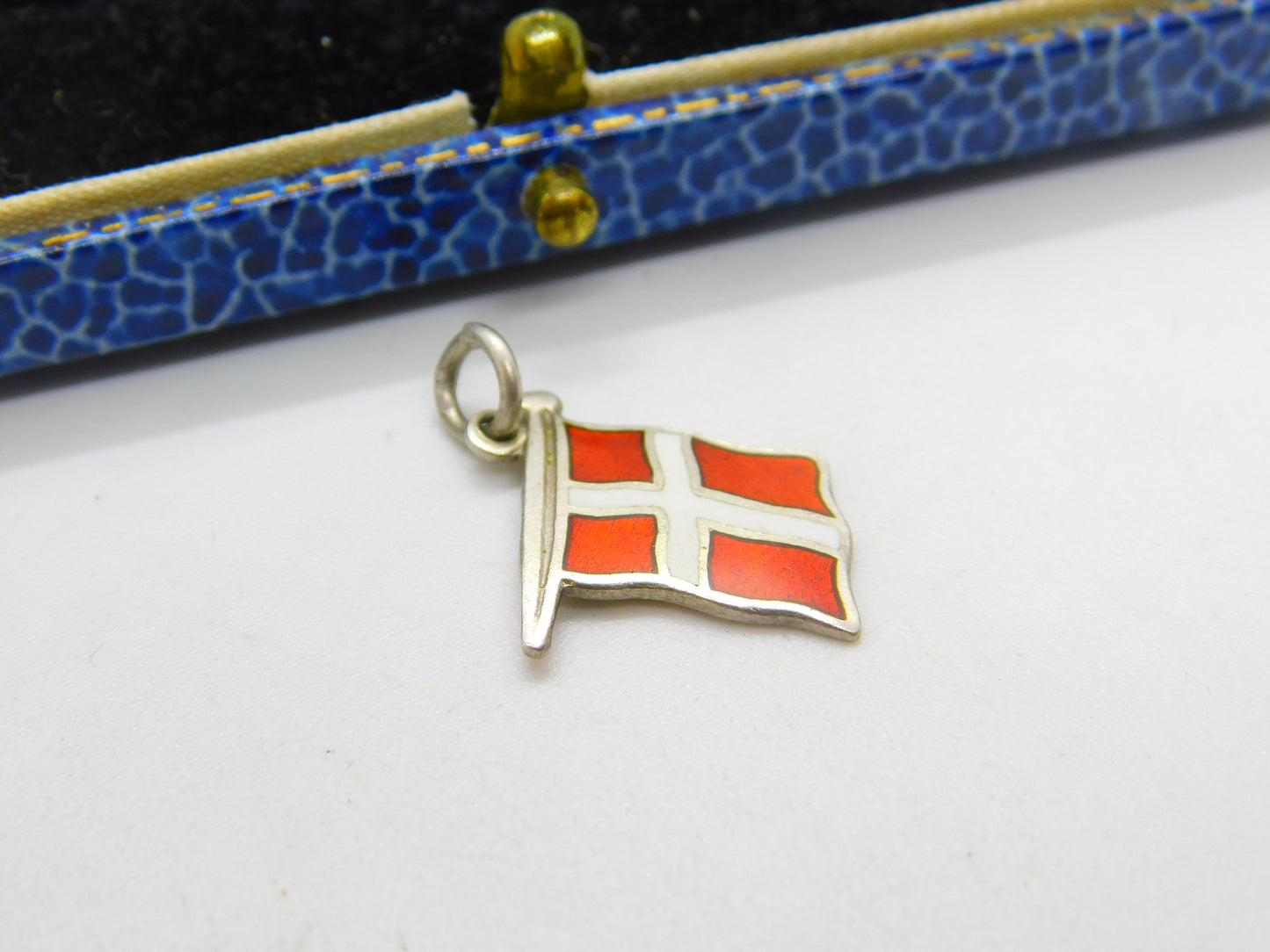 Danish Sterling Silver & Enamel Flag Charm Pendant Antique c1930 Art Deco