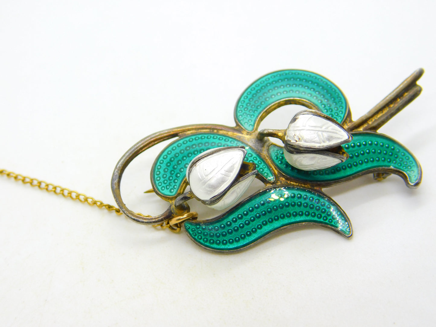 Norwegian Aksel Holmsen Sterling Silver Enamel Snowdrop Flower Brooch Antique c1940