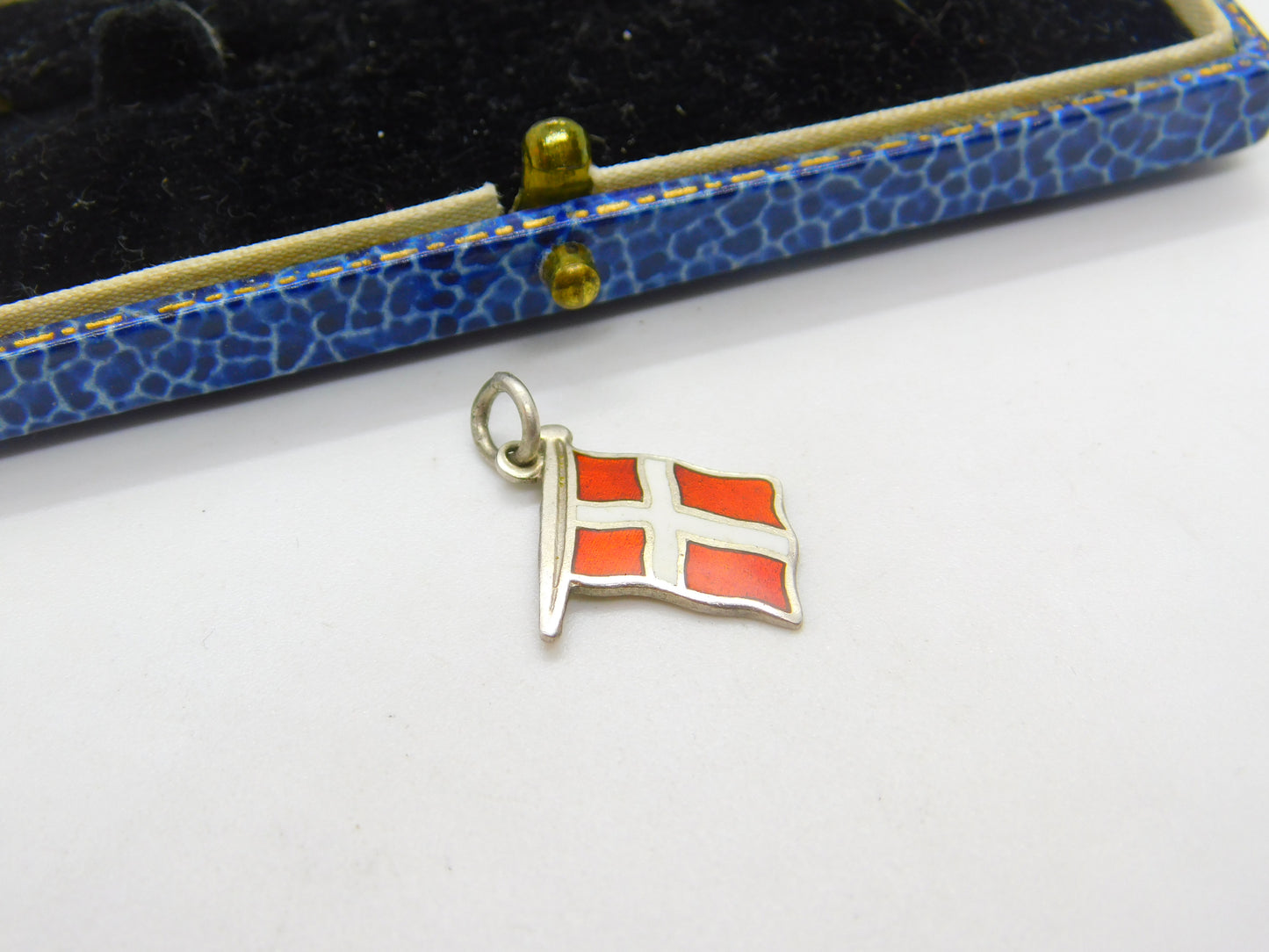 Danish Sterling Silver & Enamel Flag Charm Pendant Antique c1930 Art Deco