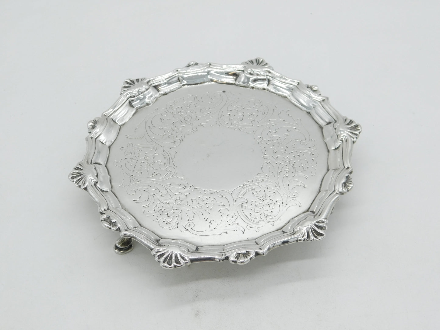George III Sterling Silver Floral Pattern Salver Dish Antique 1764 London