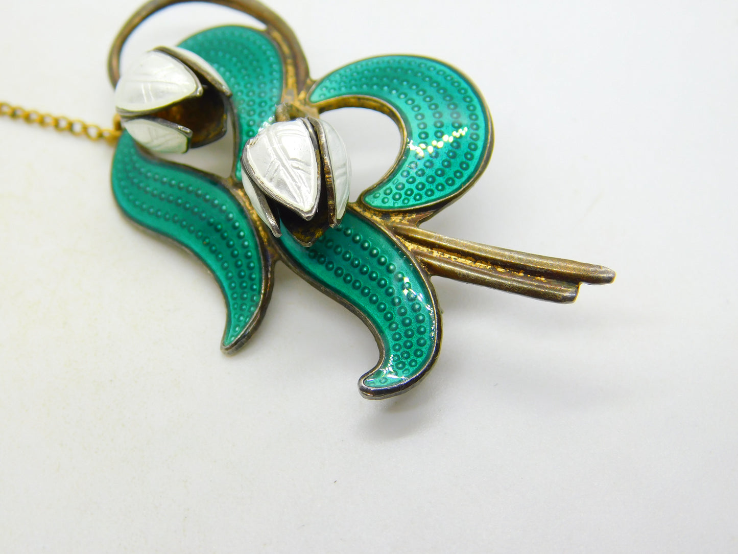 Norwegian Aksel Holmsen Sterling Silver Enamel Snowdrop Flower Brooch Antique c1940