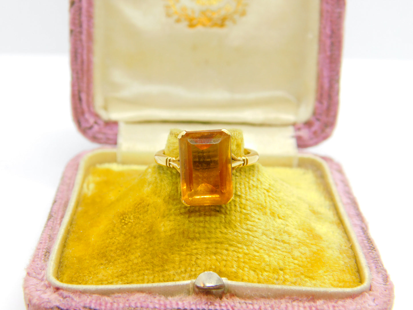 18ct Yellow Gold & Emerald Cut Natural Citrine Cocktail Ring Antique c1920