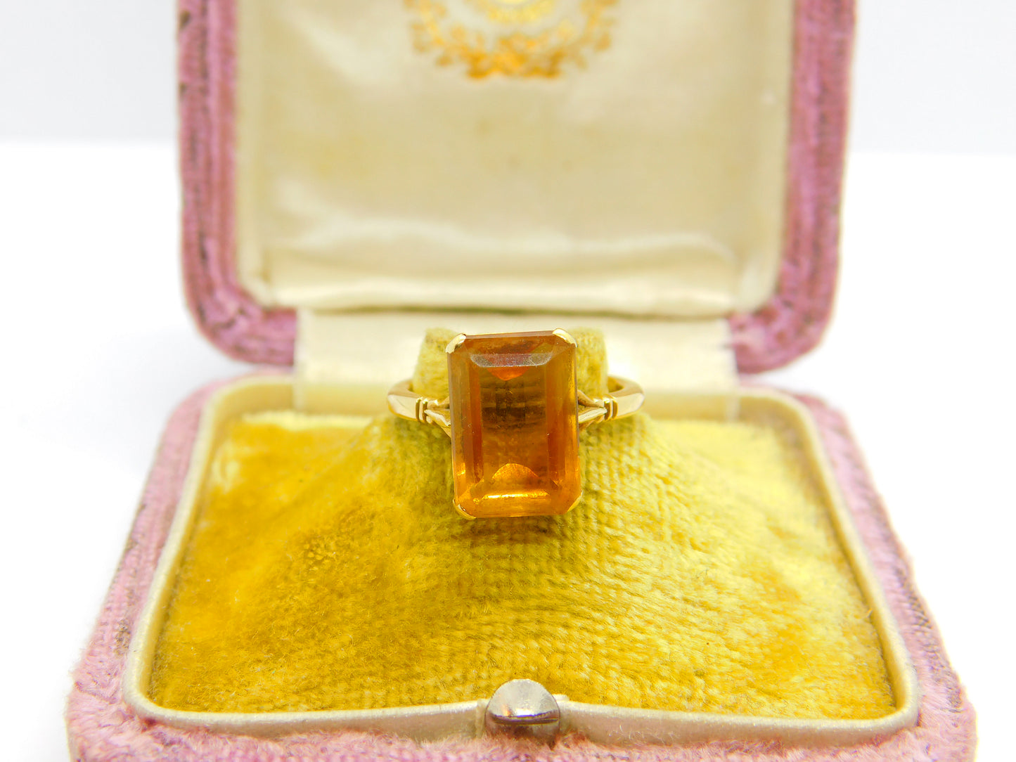 18ct Yellow Gold & Emerald Cut Natural Citrine Cocktail Ring Antique c1920