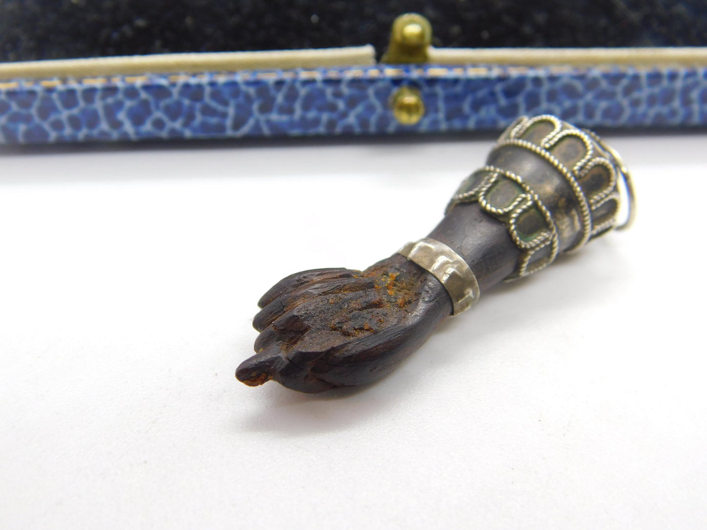 Sterling Silver & Ebony Wood Figa Hand Pendant Antique c1920 Art Deco