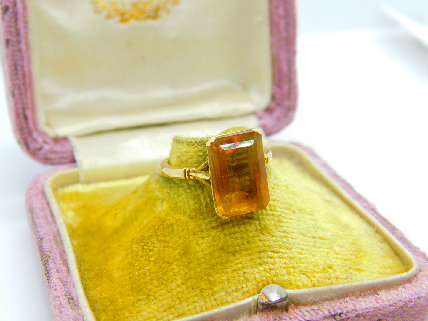 18ct Yellow Gold & Emerald Cut Natural Citrine Cocktail Ring Antique c1920