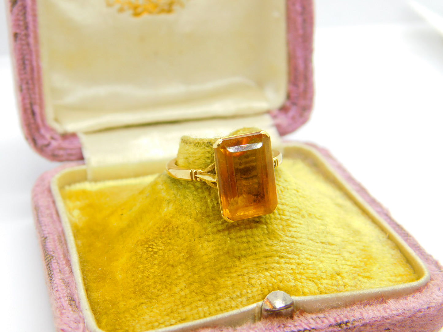 18ct Yellow Gold & Emerald Cut Natural Citrine Cocktail Ring Antique c1920