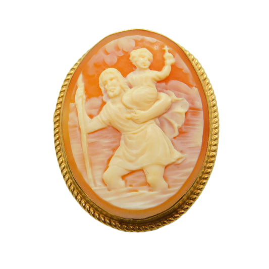 9ct Gold Carved Shell Cameo St Christopher Brooch Vintage 1965 Birmingham