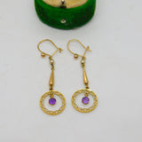 Edwardian 9ct Yellow Gold, Amethyst & Pearl Lavalier Drop Earrings Antique c1910