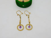 Edwardian 9ct Yellow Gold, Amethyst & Pearl Lavalier Drop Earrings Antique c1910