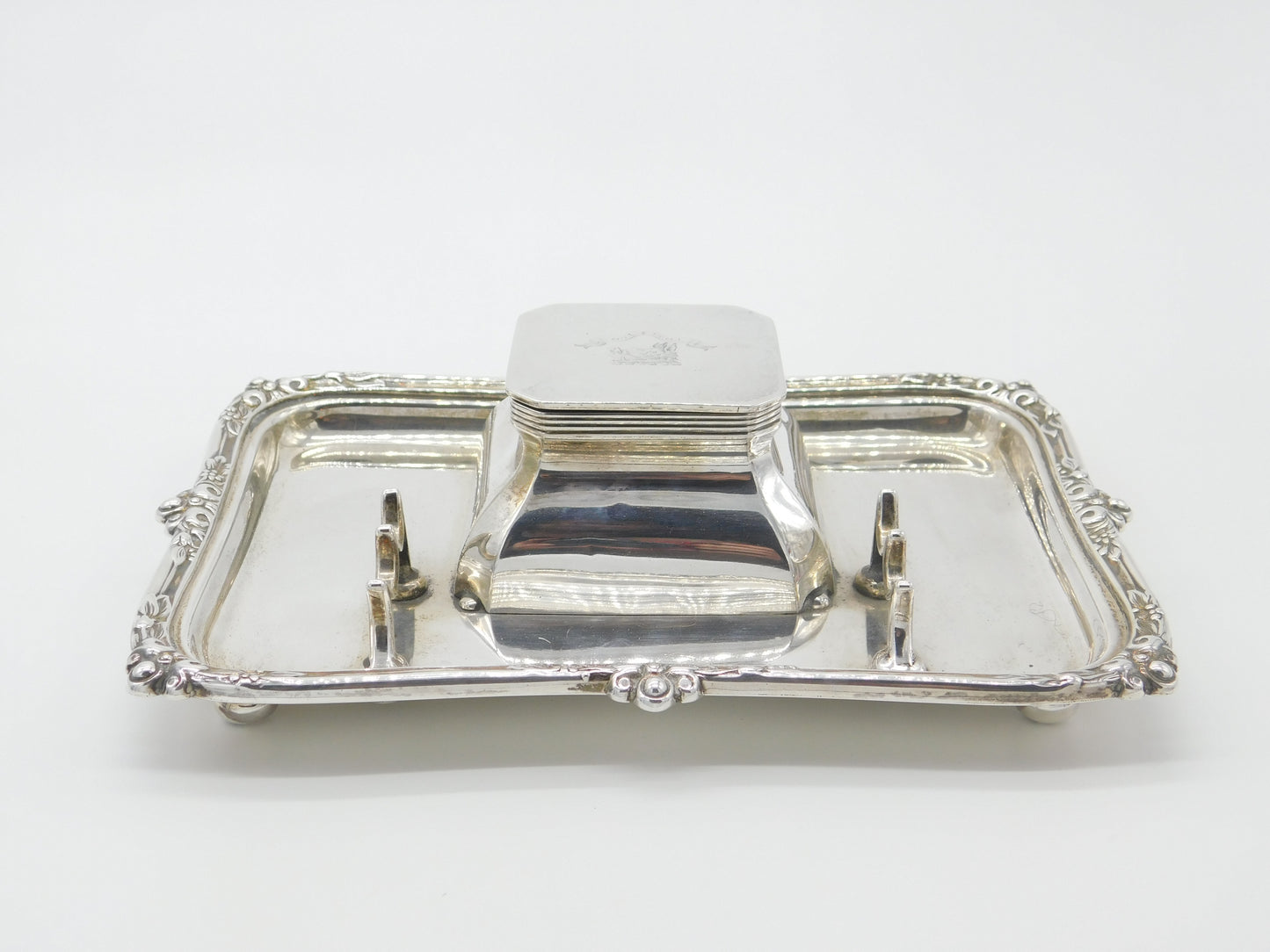 Sterling Silver Hukin & Heath Desktop Inkstand Boar Crest Antique 1921 Art Deco