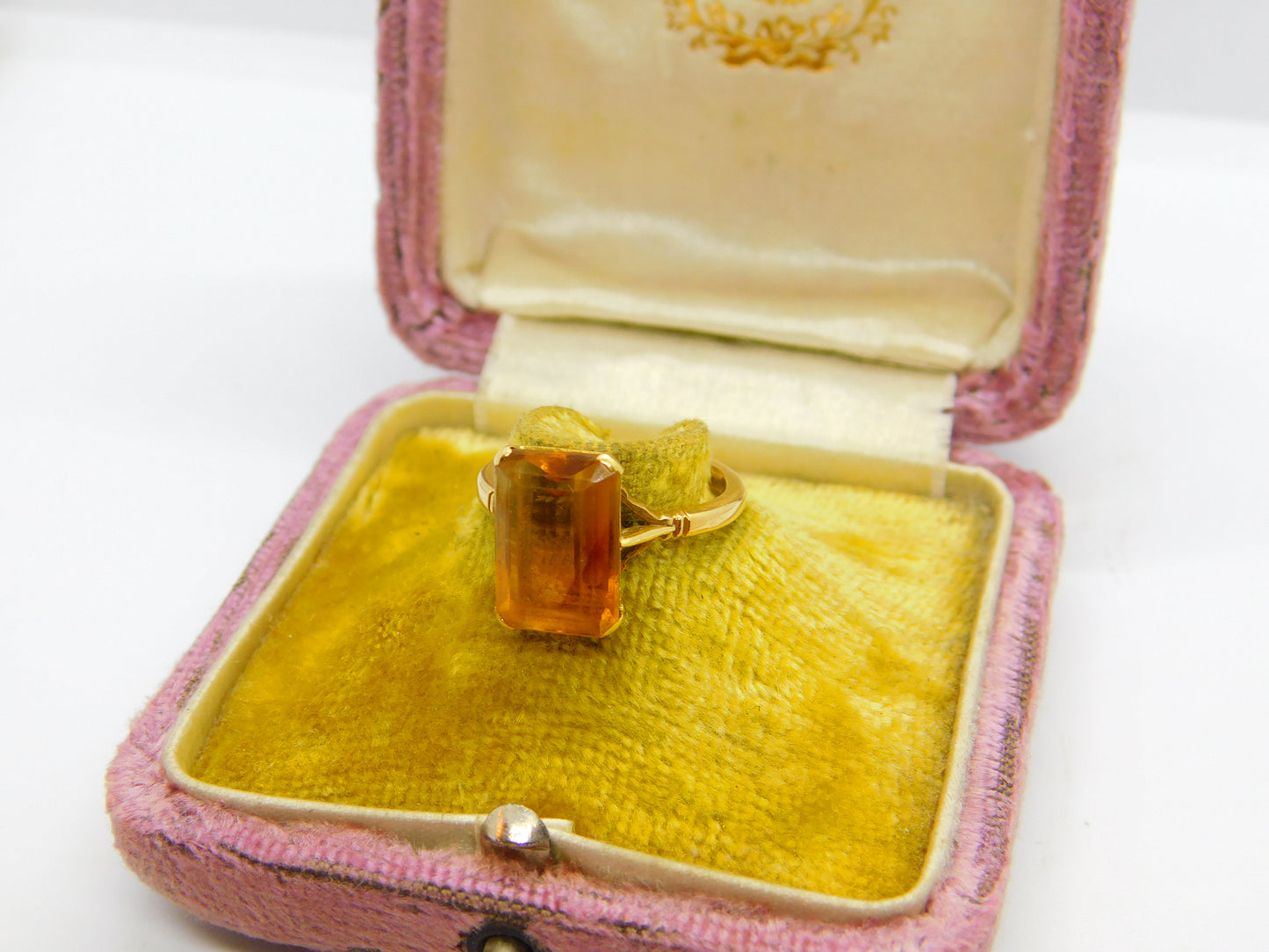 18ct Yellow Gold & Emerald Cut Natural Citrine Cocktail Ring Antique c1920