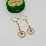 Edwardian 9ct Yellow Gold, Amethyst & Pearl Lavalier Drop Earrings Antique c1910