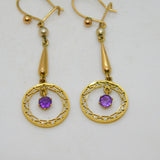 Edwardian 9ct Yellow Gold, Amethyst & Pearl Lavalier Drop Earrings Antique c1910