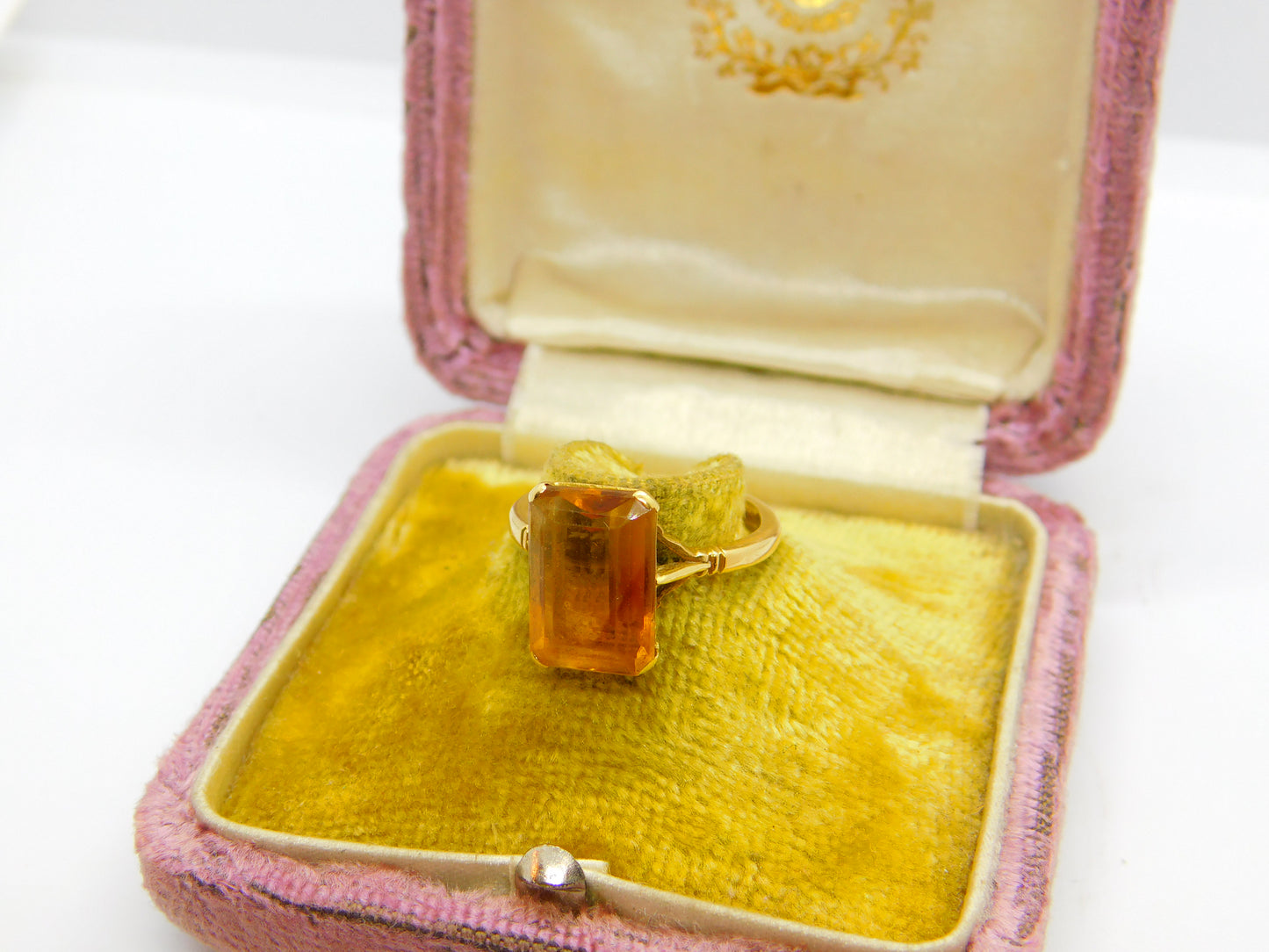 18ct Yellow Gold & Emerald Cut Natural Citrine Cocktail Ring Antique c1920