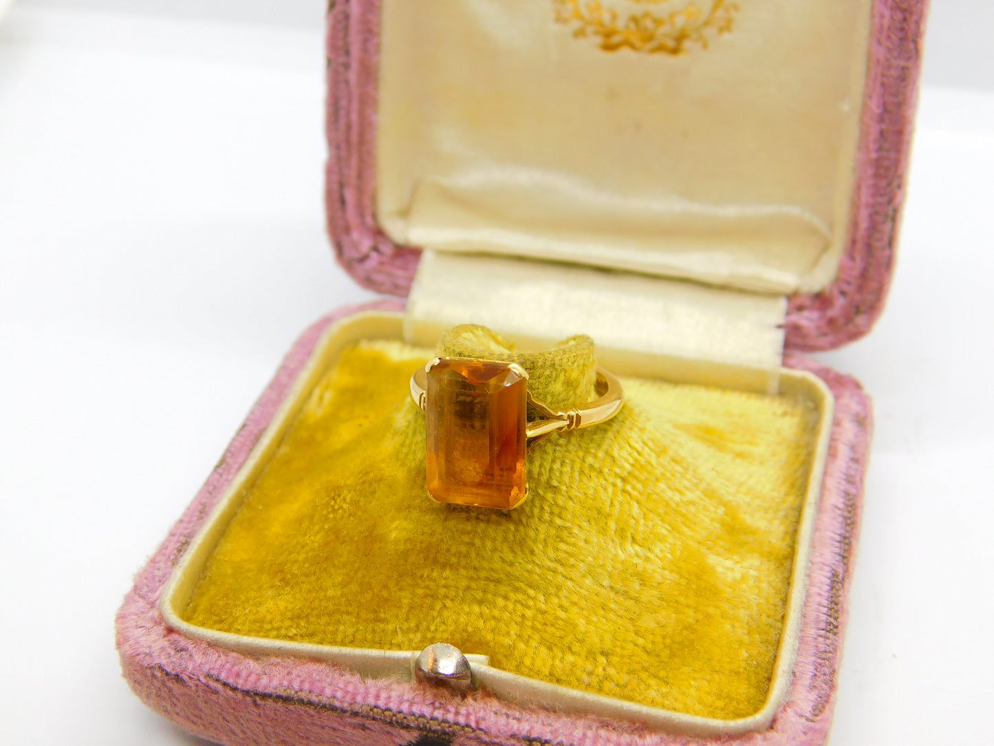 18ct Yellow Gold & Emerald Cut Natural Citrine Cocktail Ring Antique c1920