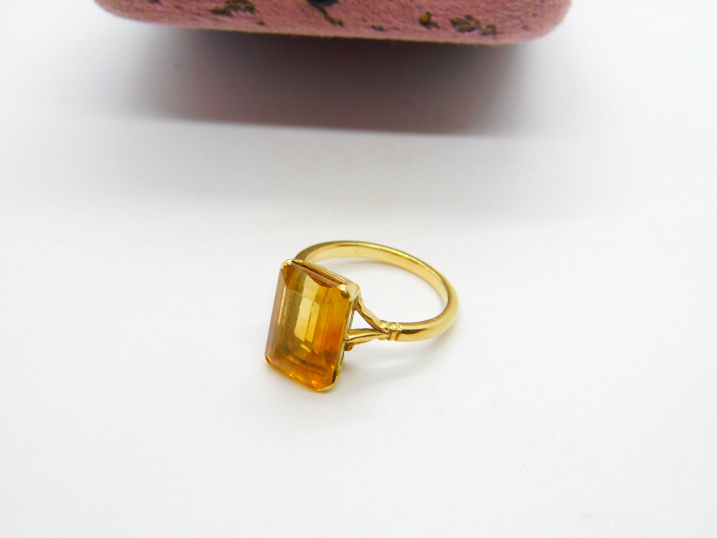 18ct Yellow Gold & Emerald Cut Natural Citrine Cocktail Ring Antique c1920