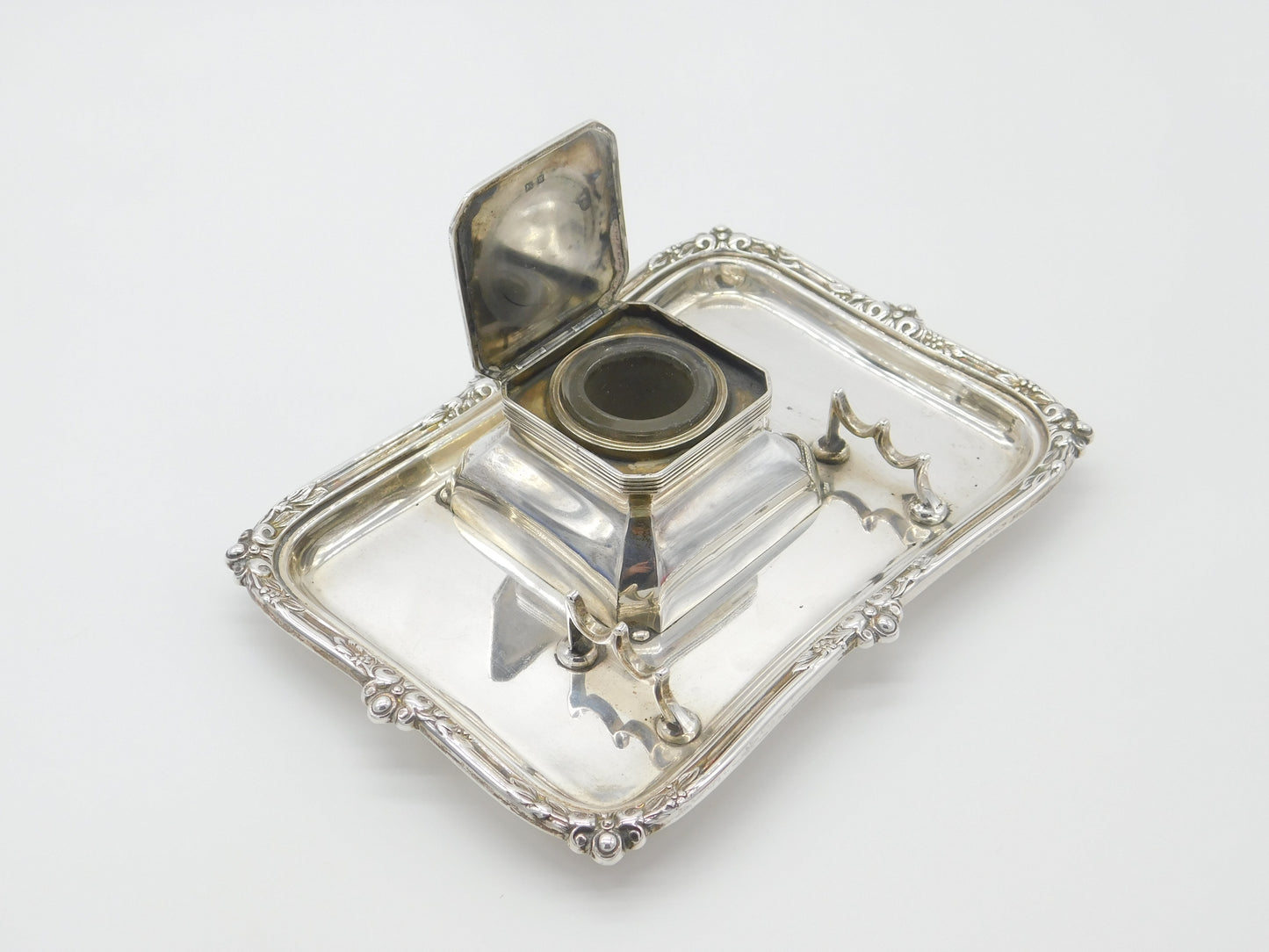 Sterling Silver Hukin & Heath Desktop Inkstand Boar Crest Antique 1921 Art Deco