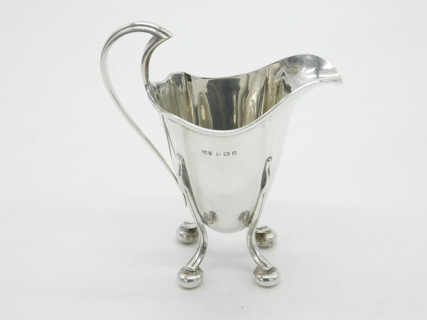 Edwardian Sterling Silver Fluted Cream Jug on Ball Feet Antique 1910 Birmingham