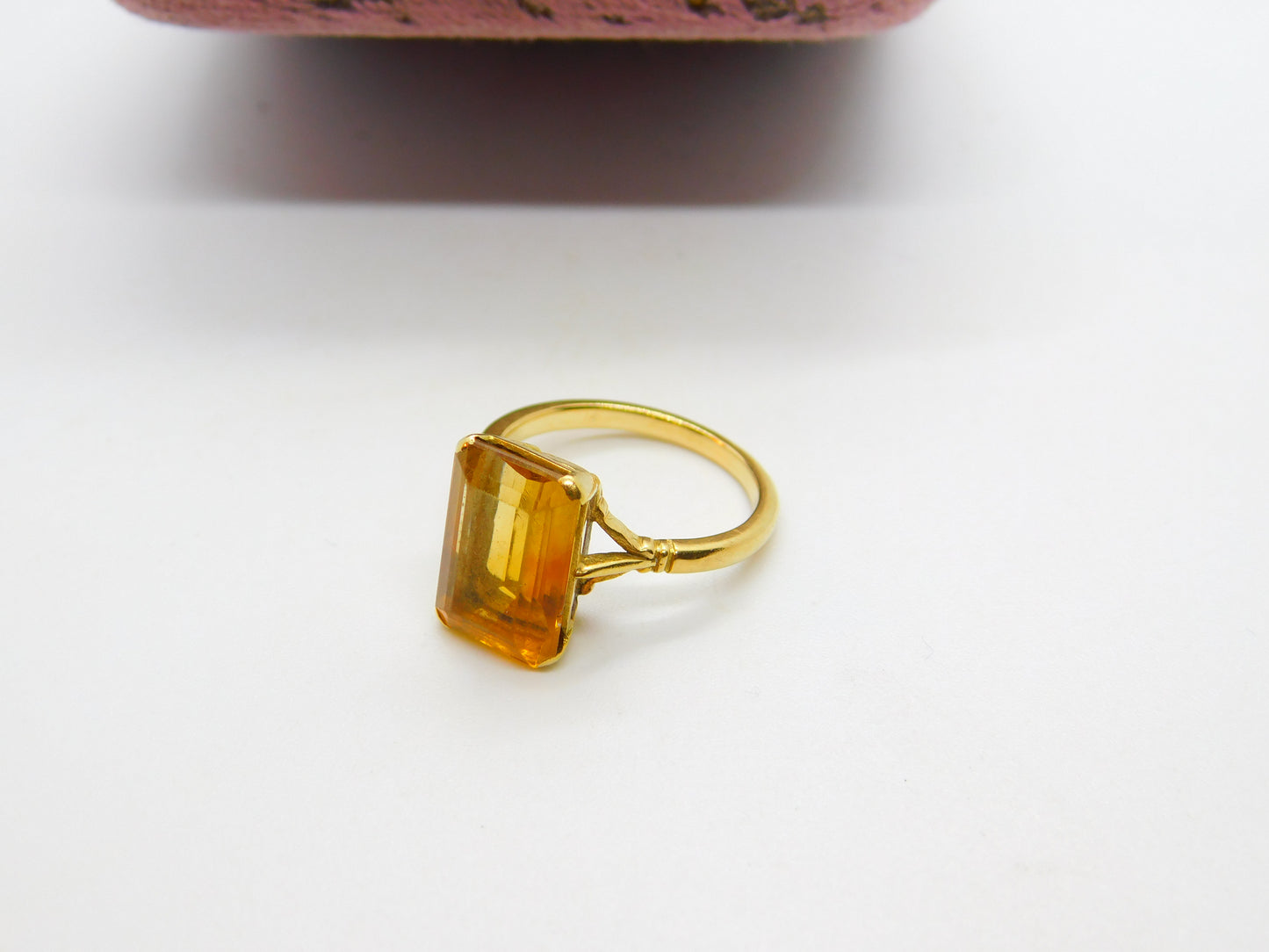 18ct Yellow Gold & Emerald Cut Natural Citrine Cocktail Ring Antique c1920