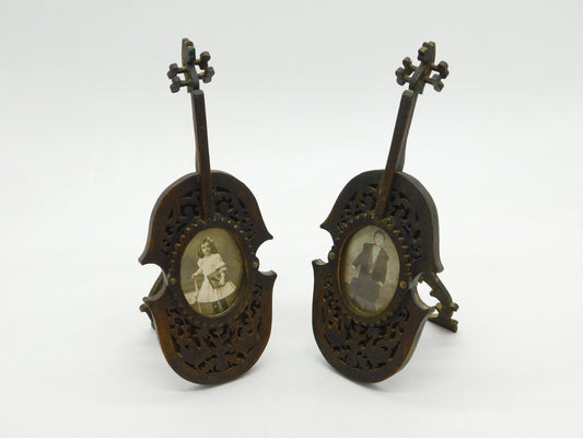 Victorian Pair of Carved Stained Oak Violin Form Picture Frames Antique c1880