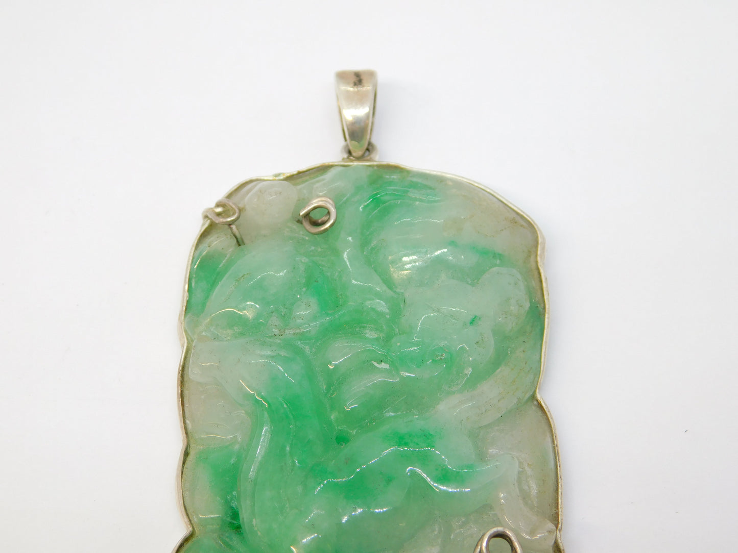 Chinese Sterling Silver Mounted Large Carved Green Jade Deer Pendant Antique c1920