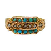 Victorian 15ct Gold, Turquoise & Seed Pearl Two-Tier Dress Ring Antique c1860s