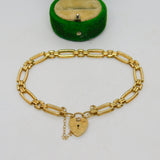 9ct Yellow Gold Gate Link Charm Bracelet Heart Lock Clasp Vintage c1970
