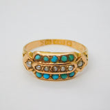 Victorian 15ct Gold, Turquoise & Seed Pearl Two-Tier Dress Ring Antique c1860s
