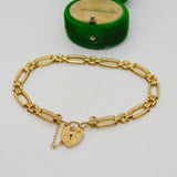 9ct Yellow Gold Gate Link Charm Bracelet Heart Lock Clasp Vintage c1970