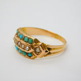 Victorian 15ct Gold, Turquoise & Seed Pearl Two-Tier Dress Ring Antique c1860s