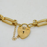 9ct Yellow Gold Gate Link Charm Bracelet Heart Lock Clasp Vintage c1970