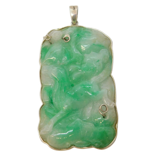 Chinese Sterling Silver Mounted Large Carved Green Jade Deer Pendant Antique c1920