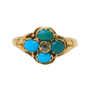 Victorian 9ct Rose Gold, Turquoise & Old-Cut Diamond Floral Cluster Ring Antique