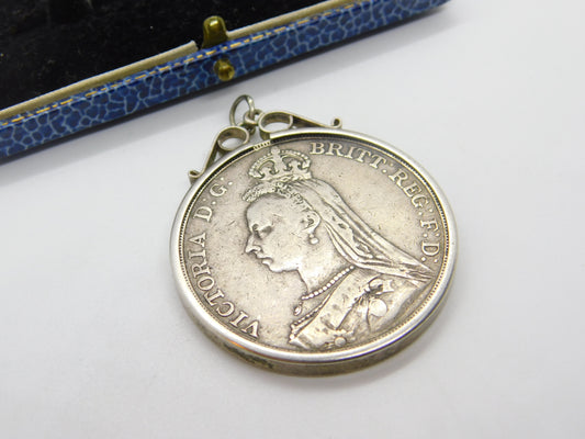 Sterling Silver Queen Victorian Mounted Crown Coin Pendant Antique 1890