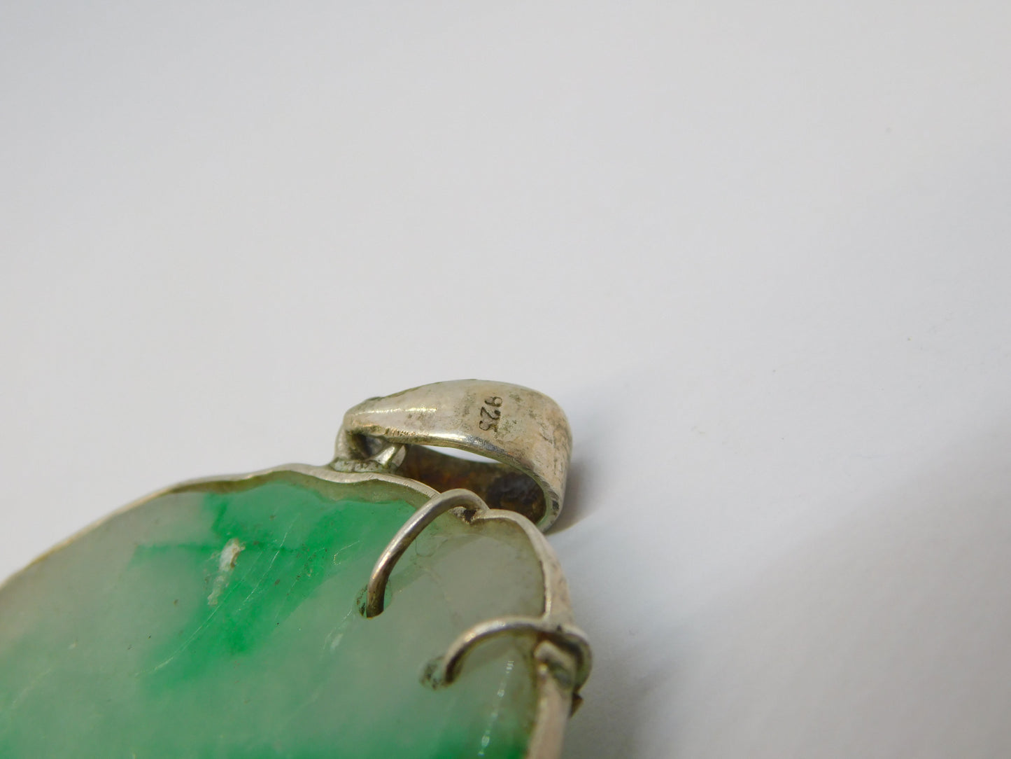 Chinese Sterling Silver Mounted Large Carved Green Jade Deer Pendant Antique c1920