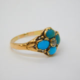 Victorian 9ct Rose Gold, Turquoise & Old-Cut Diamond Floral Cluster Ring Antique
