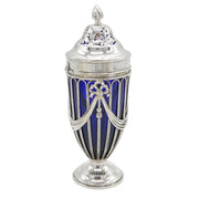 Edwardian Sterling Silver & Blue Glass Pierced Sugar Caster Antique Chester