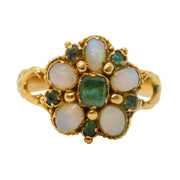 Victorian 15ct Yellow Gold, Opal & Emerald Floral Cluster Ring Antique c1860s
