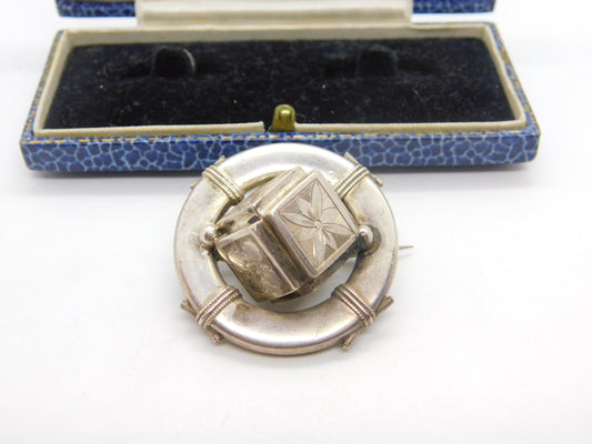 Victorian Sterling Silver Naval Life-Ring Sweetheart Brooch with Cube Antique c1880