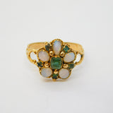 Victorian 15ct Yellow Gold, Opal & Emerald Floral Cluster Ring Antique c1860s