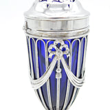 Edwardian Sterling Silver & Blue Glass Pierced Sugar Caster Antique Chester