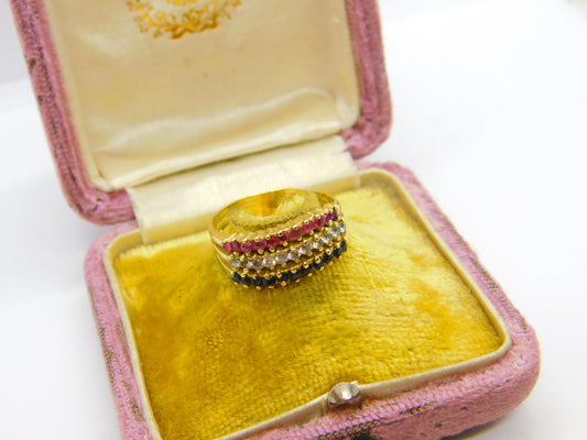 14ct Yellow Gold, Sapphire, Ruby & Diamond Paste Vintage c1970 Size P UK