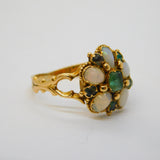 Victorian 15ct Yellow Gold, Opal & Emerald Floral Cluster Ring Antique c1860s