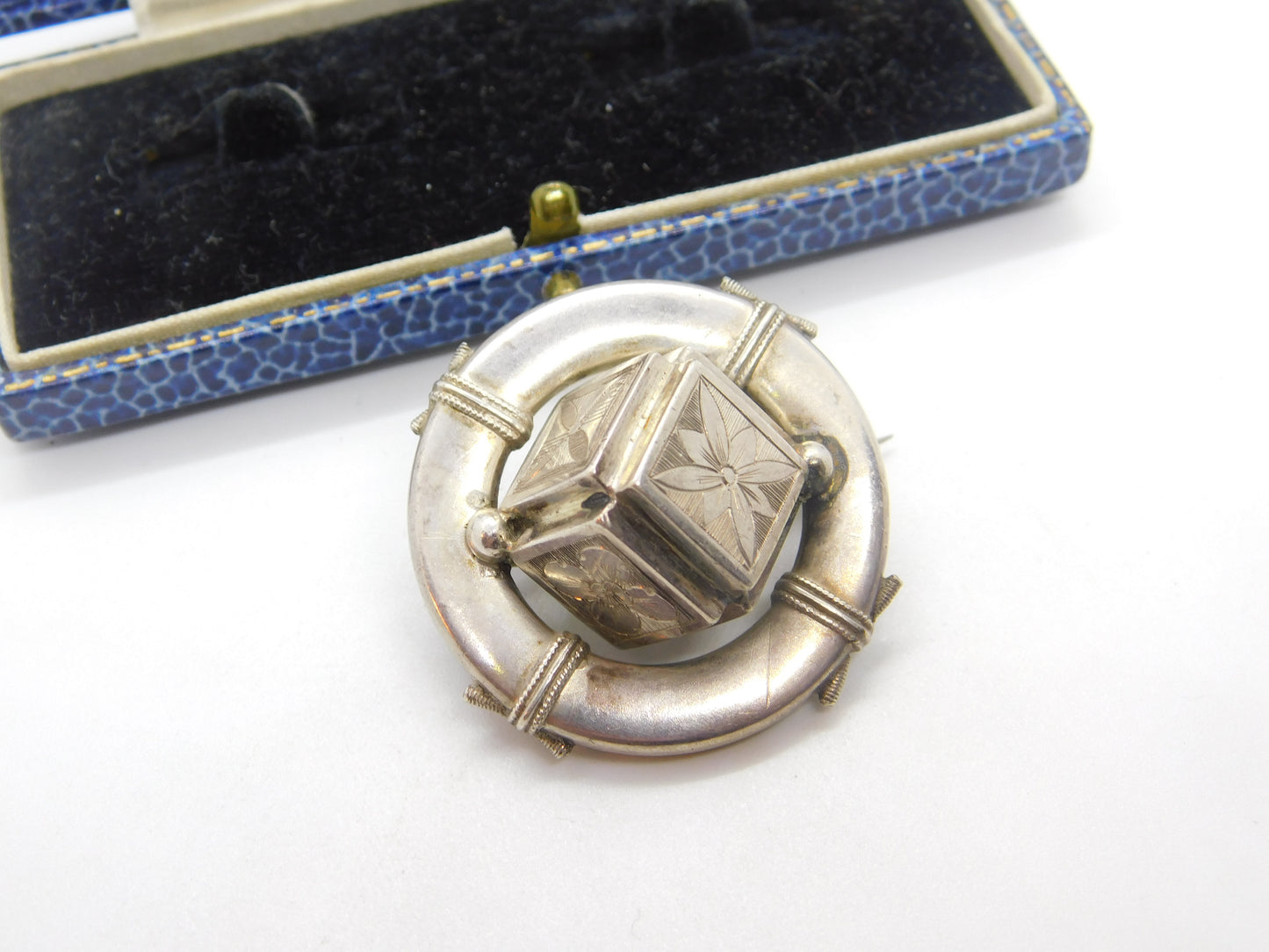 Victorian Sterling Silver Naval Life-Ring Sweetheart Brooch with Cube Antique c1880